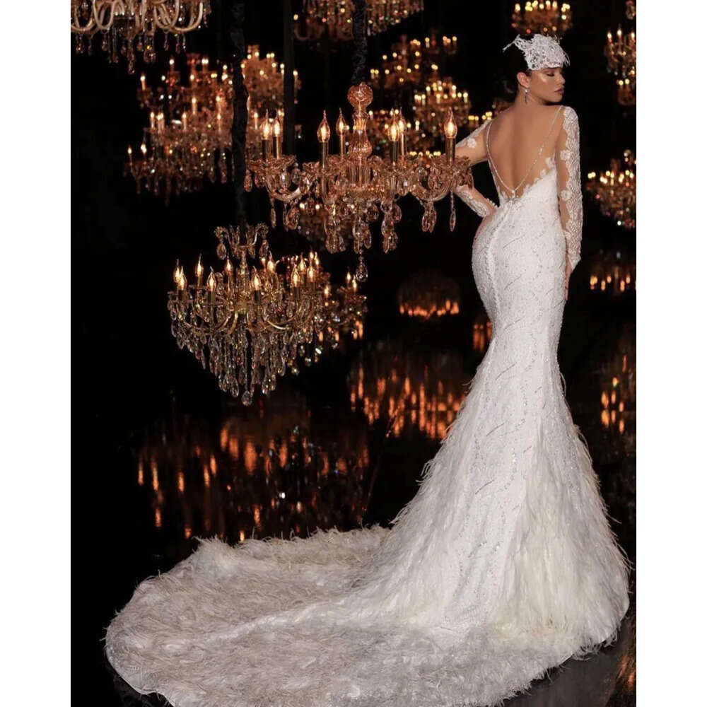 Mermaid Sleeves Ostrich Long Sexy Feather Dresses Deep V Neck Backless Sequins Bridal Gowns Sweep Train Wedding Dress 6660306