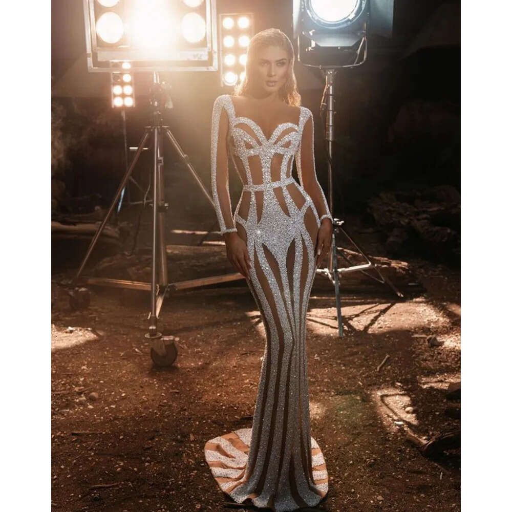 Dresses Sleeves Unique Sweetheart Long Mermaid Prom Designer Sequins Illusion Court Gown Evening Custom Made Plus Size Party Dress Vestido De Noite 66