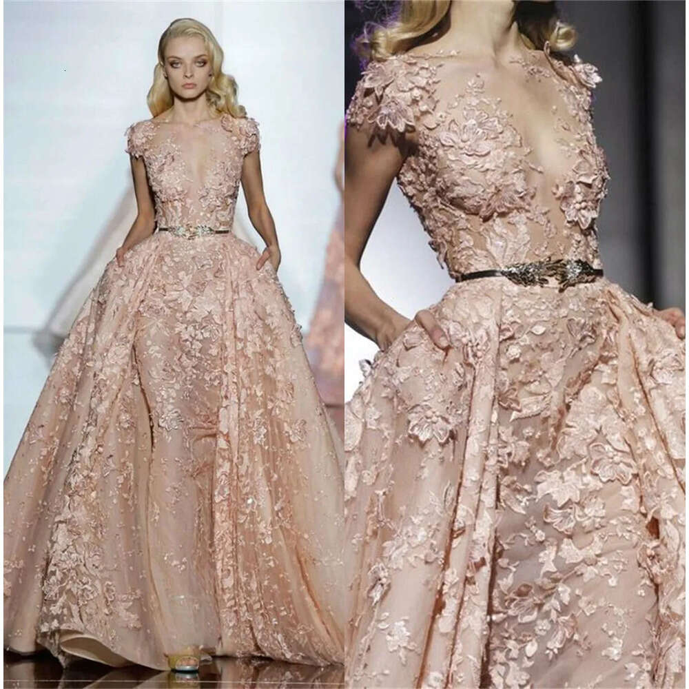Elegant Blush Zuhair Dresses Prom Murad Pink With Overkirt Exquisite Lace Applique Evening Gowns Party Formal Wear Leaf Belts Designer
