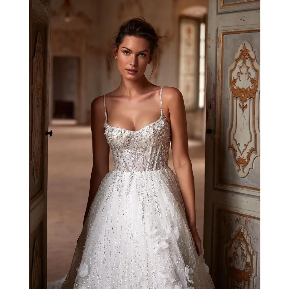 Luxury Sparkly Wedding Dresses 3D-Floral Appliques Bridal Gowns A Line Illusion Long Sleeves Sweep Train Bride Dresses Custom Made Plus Size