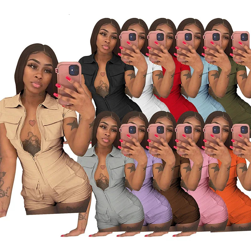 Street clothing front zipper pocket cargo jumpsuit Playsuit womens short sleeved lapel sports and leisure integrated jumpsuit shorts 240426