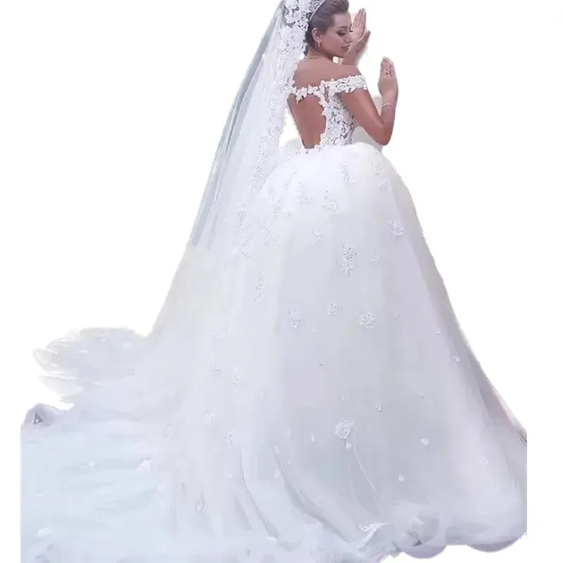 Duabi Princess A Line Wedding Dress Heart Keyhole Back Off Shoulder Ivory Tulle Bridal Gowns Lace Appliqued Chapel Vestido De