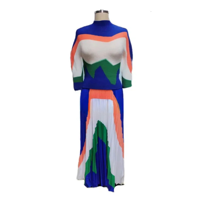 Summer Miyake Printing Color Matching Corn Pleated Long Sleeve Half High Neck Slim Fit Top Two Piece Pleated Skirt Set 240429