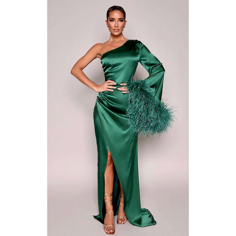 Mermaid One Sleeve With Dresses Glamorous Prom Feather Soft Satin Special Design Solid Color Backless High Split Zipper Court Gown Formal Gowns Party 