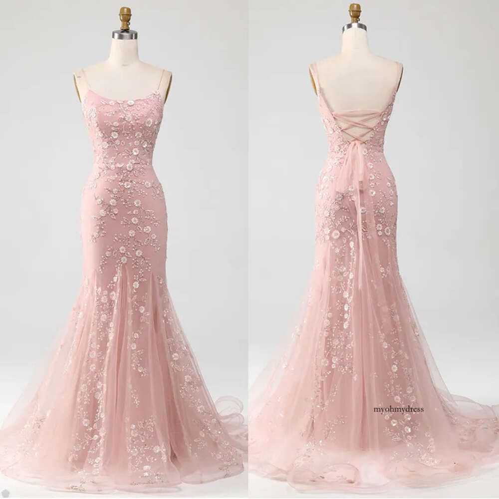 Lace Mermaid Prom Spaghetti Sleeveless Sweep Train Appliques Lace-up Flowers Design Beaded Celebrity Evening Dresses Plus Size Custom Made B5002 0508