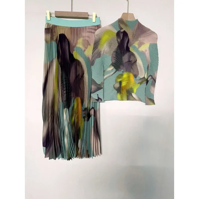 Miyake Pleated Women Suit Slim Western Print Stand Collar Long Sleeve Top Loose Slim Skirt Casual Party Two Piece Set 240429