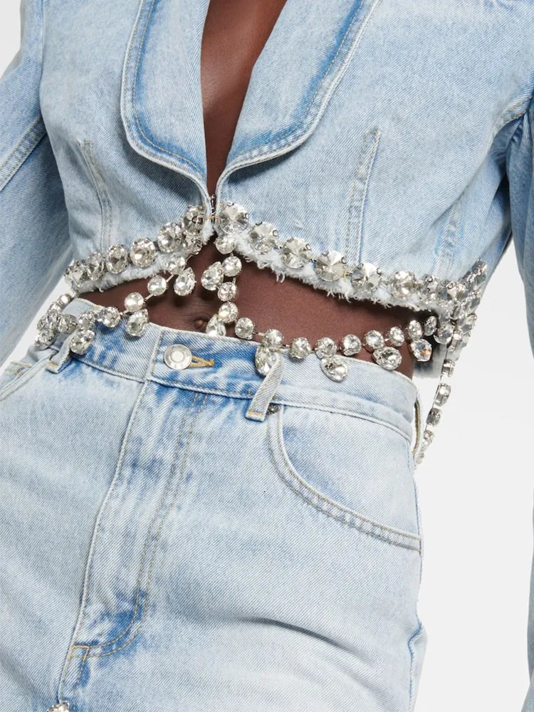 TWOTWINSTYLE Spliced Diamonds Tassel Denim Two Piece Set For Women Lapel Long Sleeve Coat High Waist Mini Skirt Fashion 240423