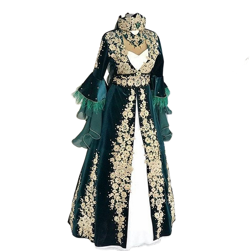 Traditional Turkish Evening Dresses Hunter Green Satin A Line Formal Dress Gold Lace Appliques Beaded Luxury Elegant Bride Costume Arabic Muslim Prom 