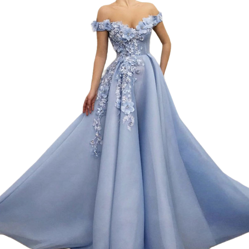 3D Floral Appliques Prom Dresses A Line Light Sky Blue Pageant Dress Off The Shoulder Floor Length Flowers Evening Gowns 2024 Long Special Occasion We