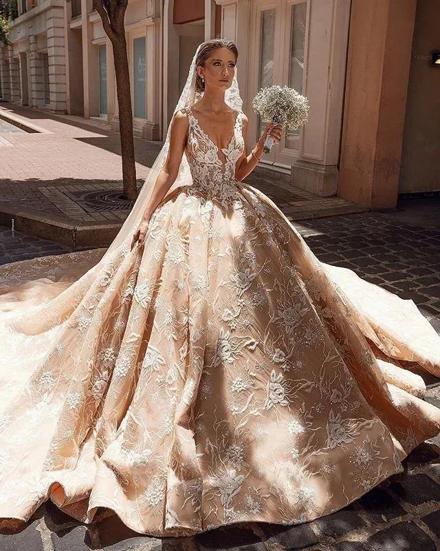 Champagne Wedding Dress 2024 Modest Ball Gown Dresses V Neck 3D Lace Appliques Ruched Bridal Gowns Plus Size Cathedral Train Royal Luxury