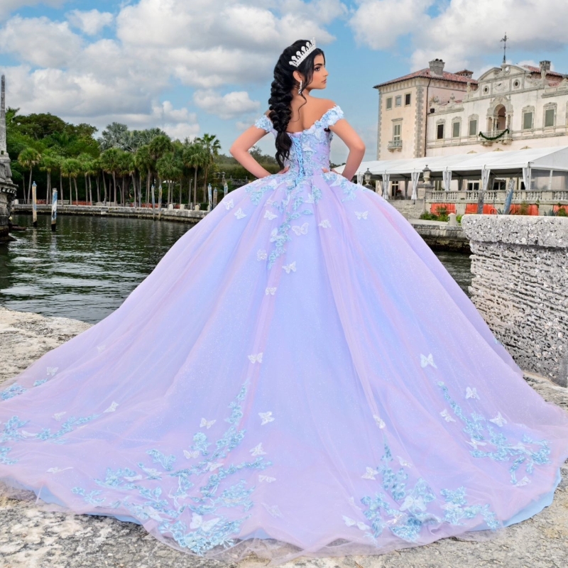 Glitter Lilac Sky Blue Off The Shoulder Quinceanera Dresses Ball Gown Applique Lace Bow Beading Tull Party Birthday Corset Sweet 16 Dress Vestidos De 