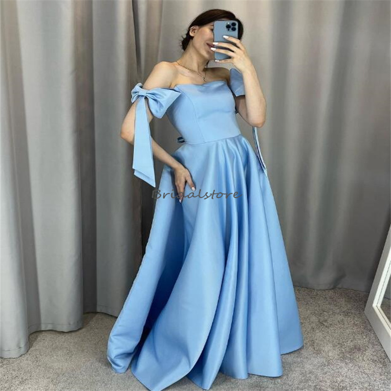 Blue Evening Dresses With Bow Off Shoulders Satin Long Prom Dress 2024 Elegant Ceremony Formal Party Gowns Custom Made Birthday Dress Robe De Fiesta A