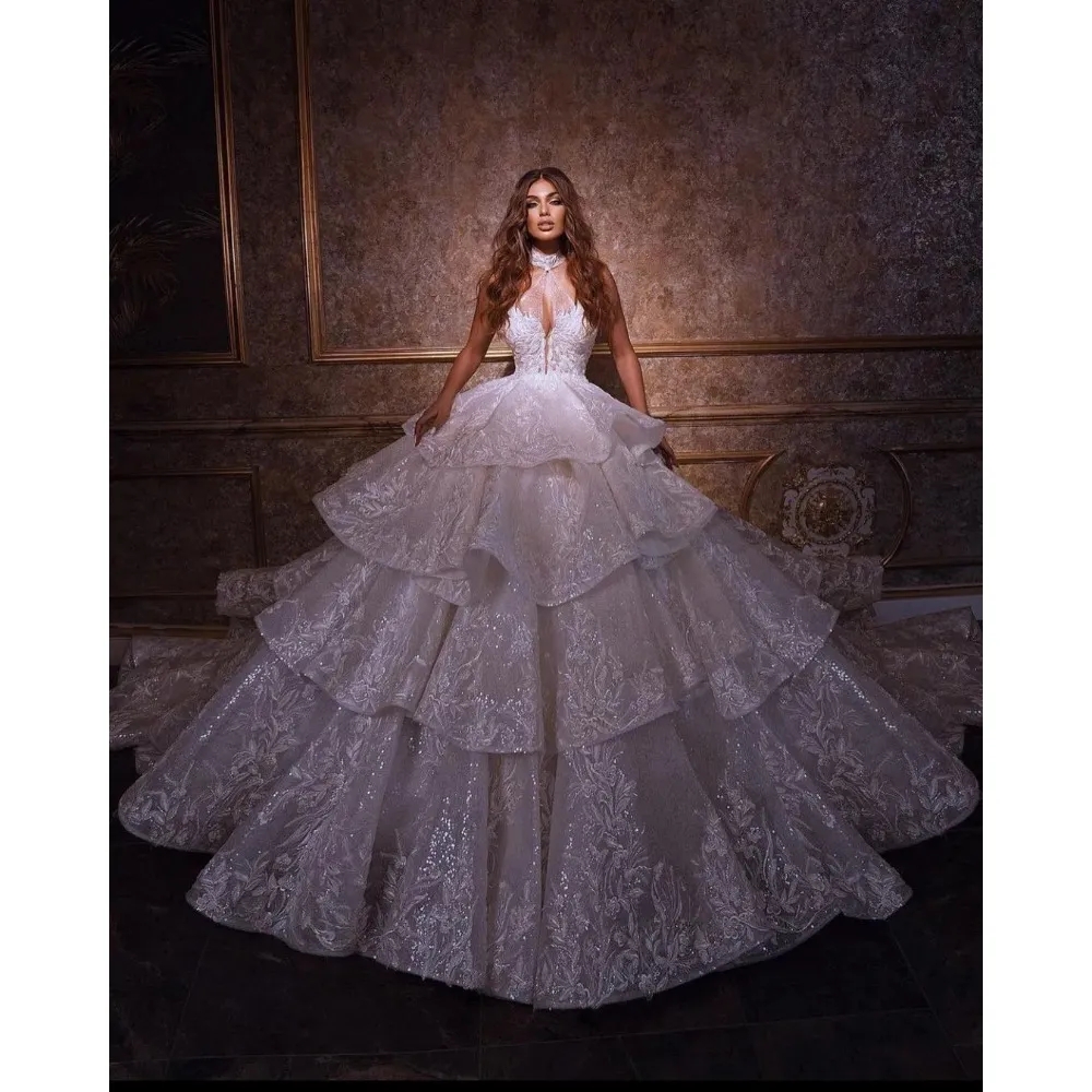 Stunningbride 2024 White Fashion Luxurious Tiered Wedding Dress Ball Gown Custom Made Halter Sequins Lace Backless Church Bridal Dresses