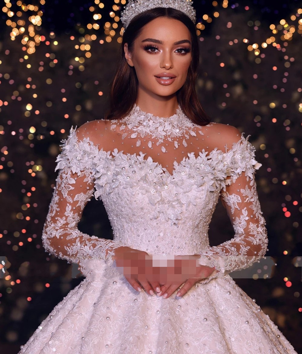 2024 New Arrival Wedding Dresses High Collar Pearls Beads Appliques Lace Long Sleeves Tulle Bride Formal Gowns Robe Mariage Vestidos De Novia Customed