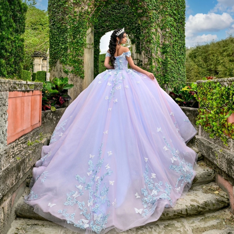 Glitter Lilac Sky Blue Off The Shoulder Quinceanera Dresses Ball Gown Applique Lace Bow Beading Tull Party Birthday Corset Sweet 16 Dress Vestidos De 