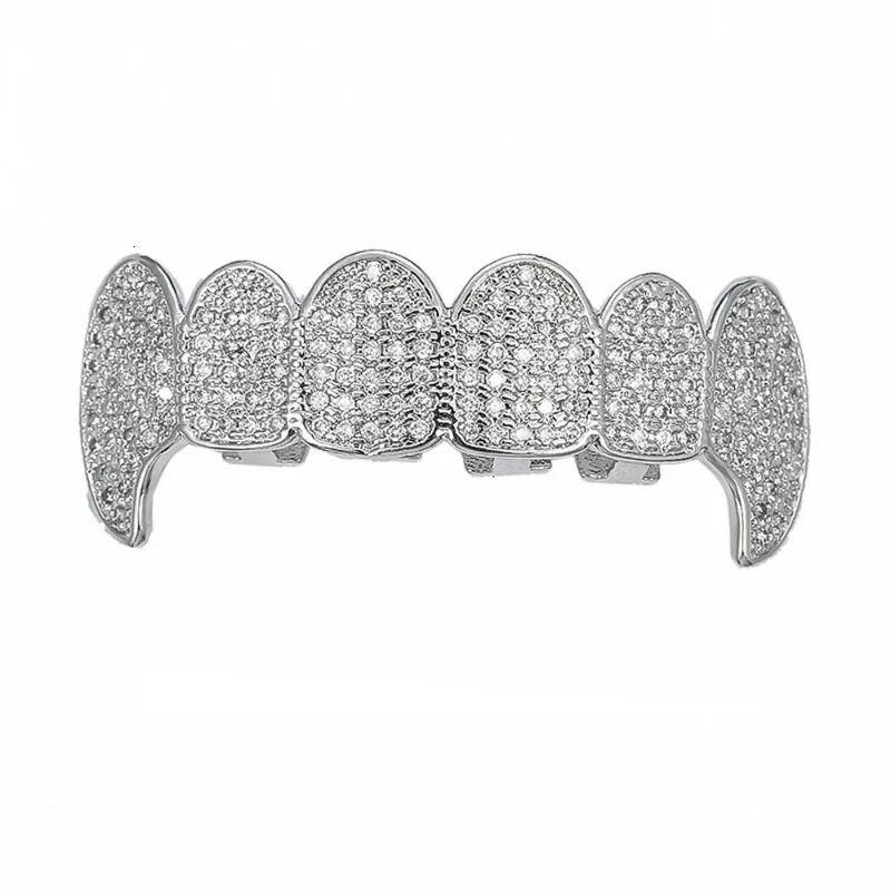 Hiphop Bling Zircon Teeth Men Women Plated Real Gold Body Jewelry Top Bottom Tooth Grills Cap Mold Kit Set Canine Shape 240504