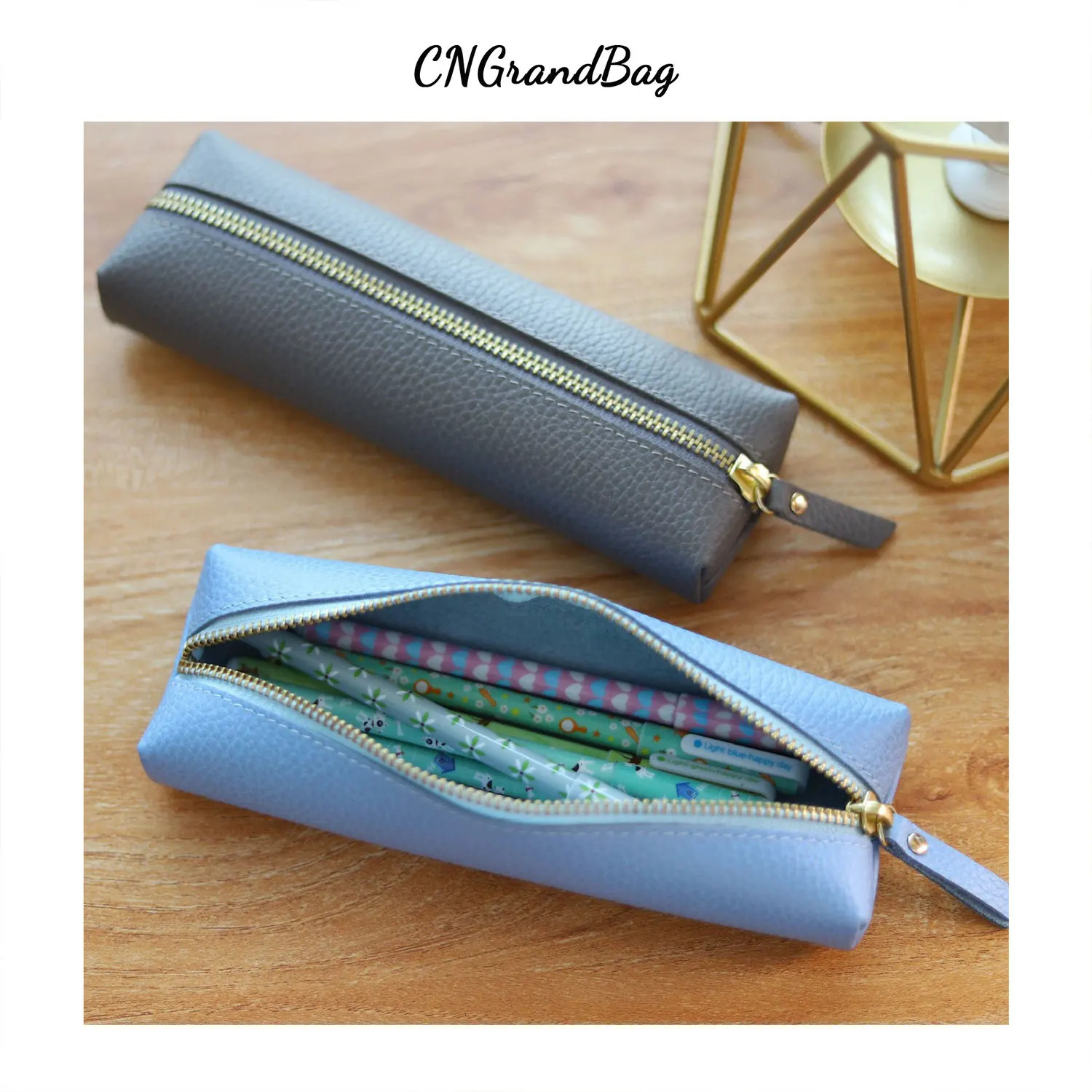Monogrammed Letters Genuine Pebble Leather Zipper Pen Case Pencil Bag Large Capacity Handmade Creative School Stationary 240426