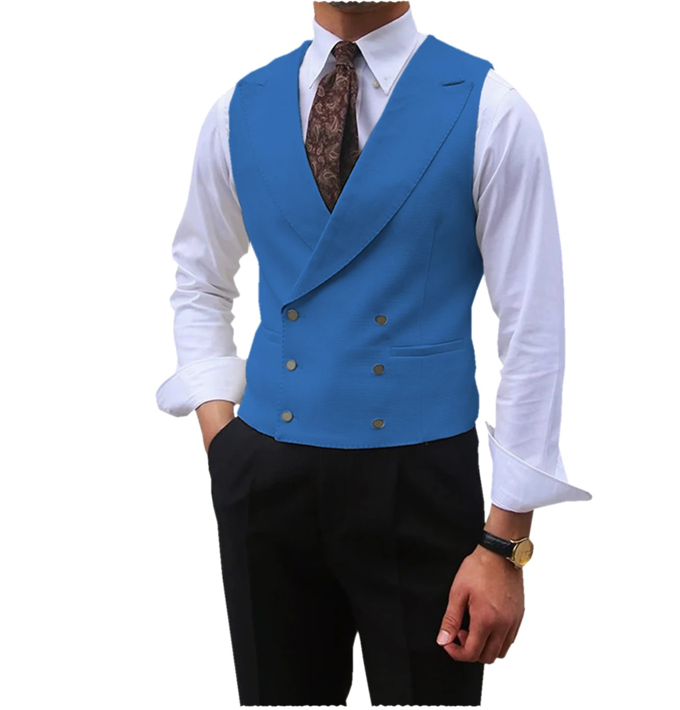 Men Vest Brown Solid Peaked Lapel Double Breasted Sleeveless Jacket Wedding Banquet Business Casual Slim Waistcoat 240507