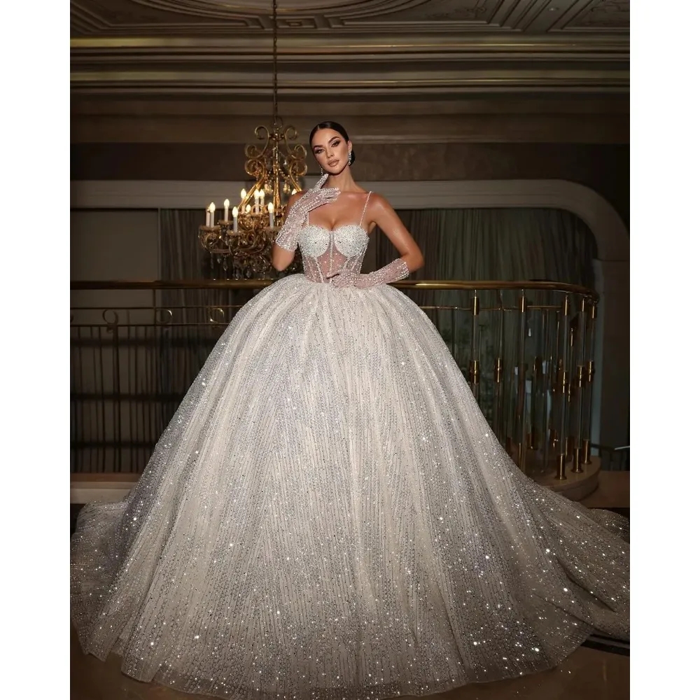 Ball Stunningbride Gown Wedding Spaghetti Straps Bridal Gowns Pearl Crystal Shiny Sweep Train Bride Dresses s