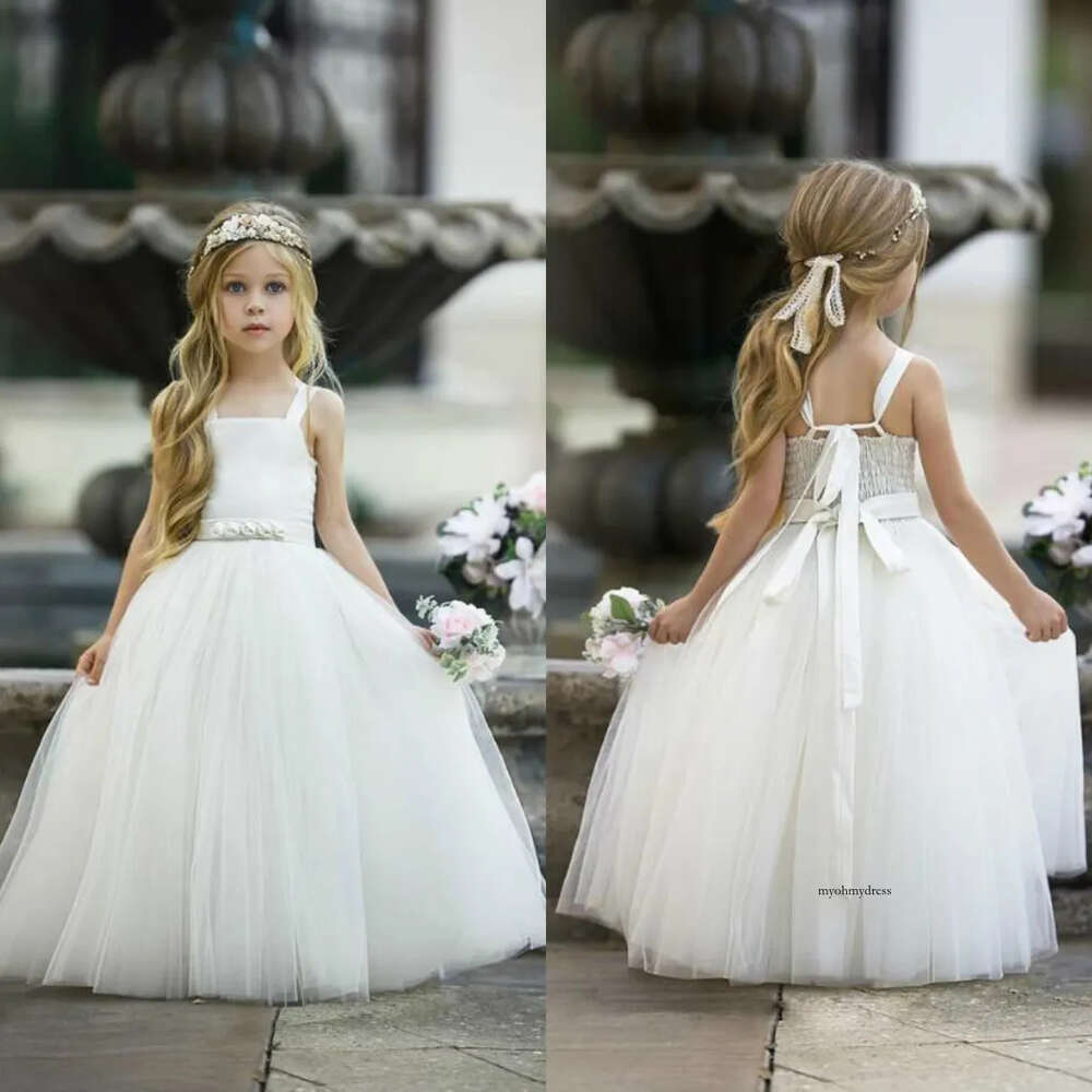 2020 White Dresses Princess Tulle Strap Wear for Wedding 3D Flower Bow Ribbon Long Length Girls Pegeant Dress 0508