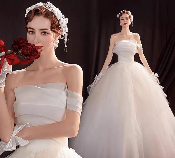 Strapless Tulle Ball Gown Wedding Dresses Beach Floor-length Bride Gown