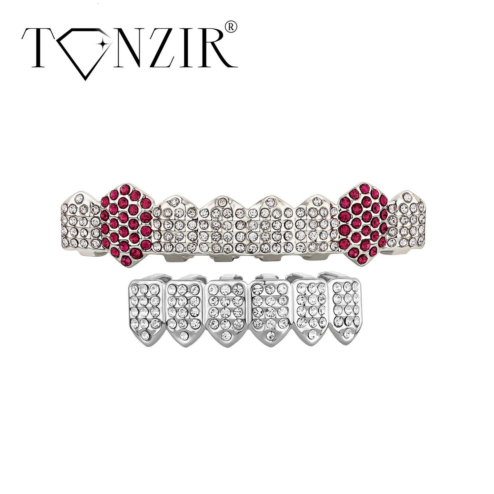 14K Plated Gold Grills Teeth Cross Heart Crysta Silver Gap Hip Hop Top Bottom Tooth Cap Set 1-2 Pieces Costme Cosplay 240504