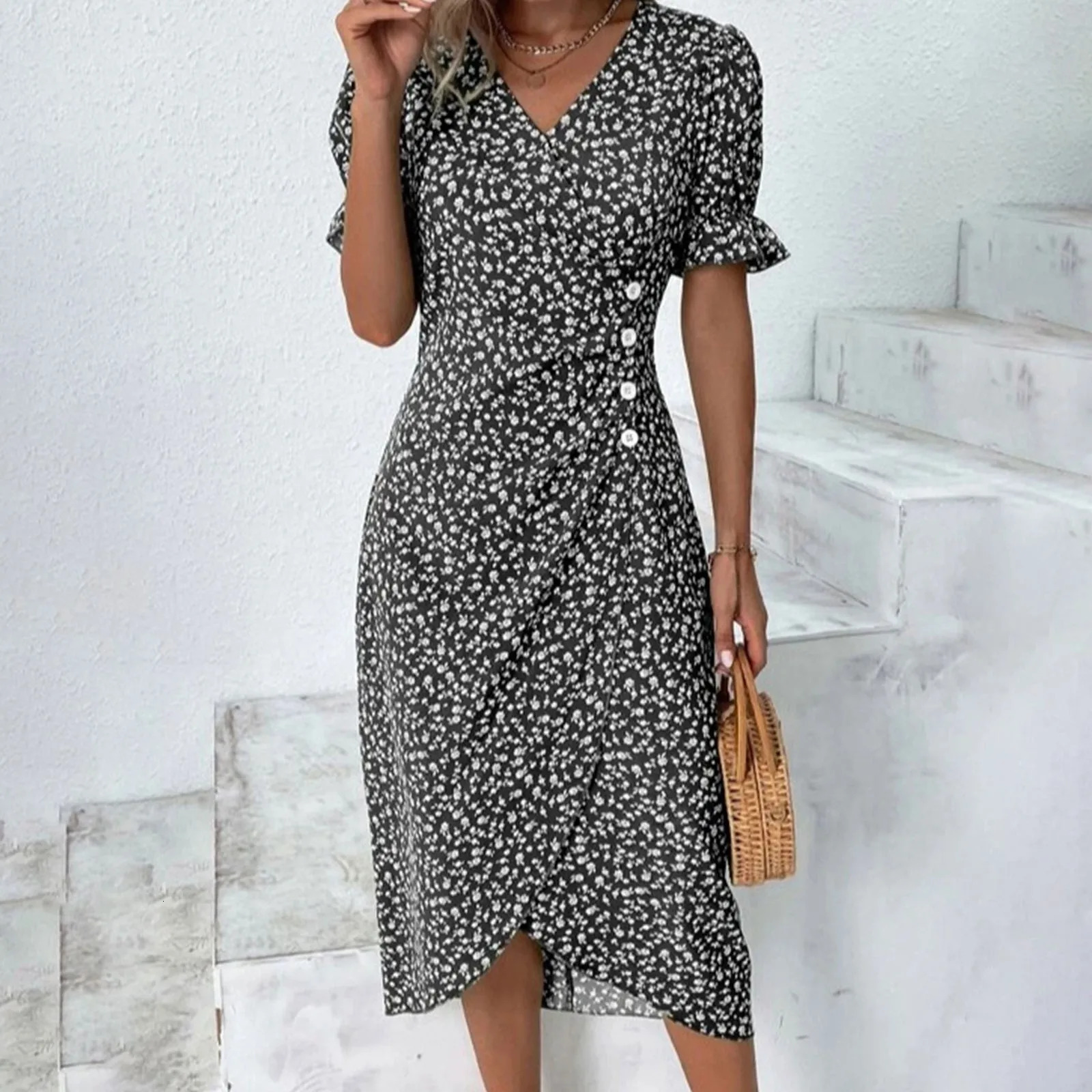 2024 Summer Floral Bodycon Midi Dress For Women V Neck Long Sleeve Ruched Slim Fit Dresses Female Sexy Vestido Robe 240422
