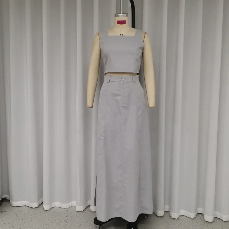 LIYONG Women Two Piece Set Summer Fashion Square Neck Sleeveless Pullover Short Top Solid With Pocket Slit Skirt Streetwear 240423