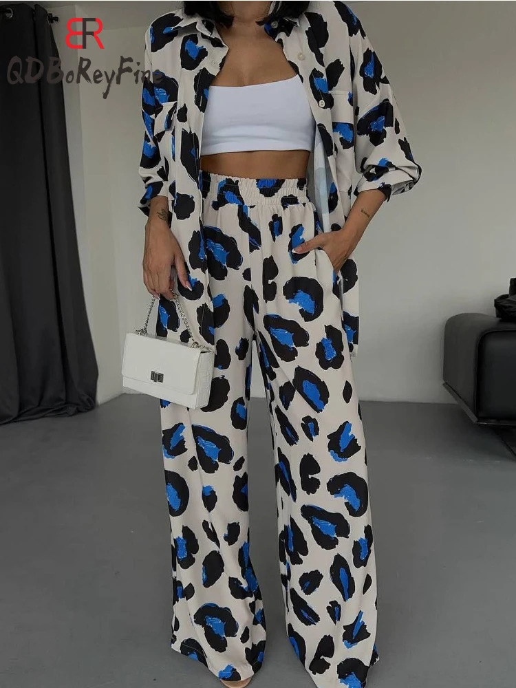 Leopard Printed Elegant Womens Sets Casual Streetwear Long Sleeve Tops Wide Leg Pants Tracksuit Two Piece Outifits 240428
