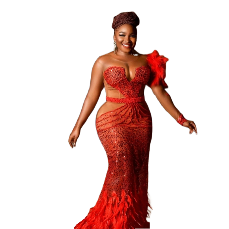 Sparkly Sequined Mermaid Evening Dresses Crystals Beading Feather Floor Length Aso Ebi Prom Dress For Women Illusion Long Sleeves Sexy Birthday Party 