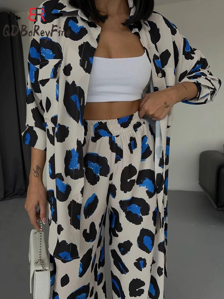 Leopard Printed Elegant Womens Sets Casual Streetwear Long Sleeve Tops Wide Leg Pants Tracksuit Two Piece Outifits 240428