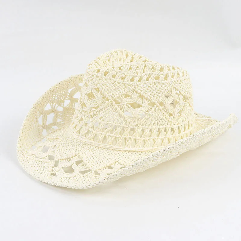 Summer Outdoor Men Women Hand-woven Western Cowboy Straw Hats Wide Brim Breathable Beach Jazz Cap Sun Protection Hat 240428