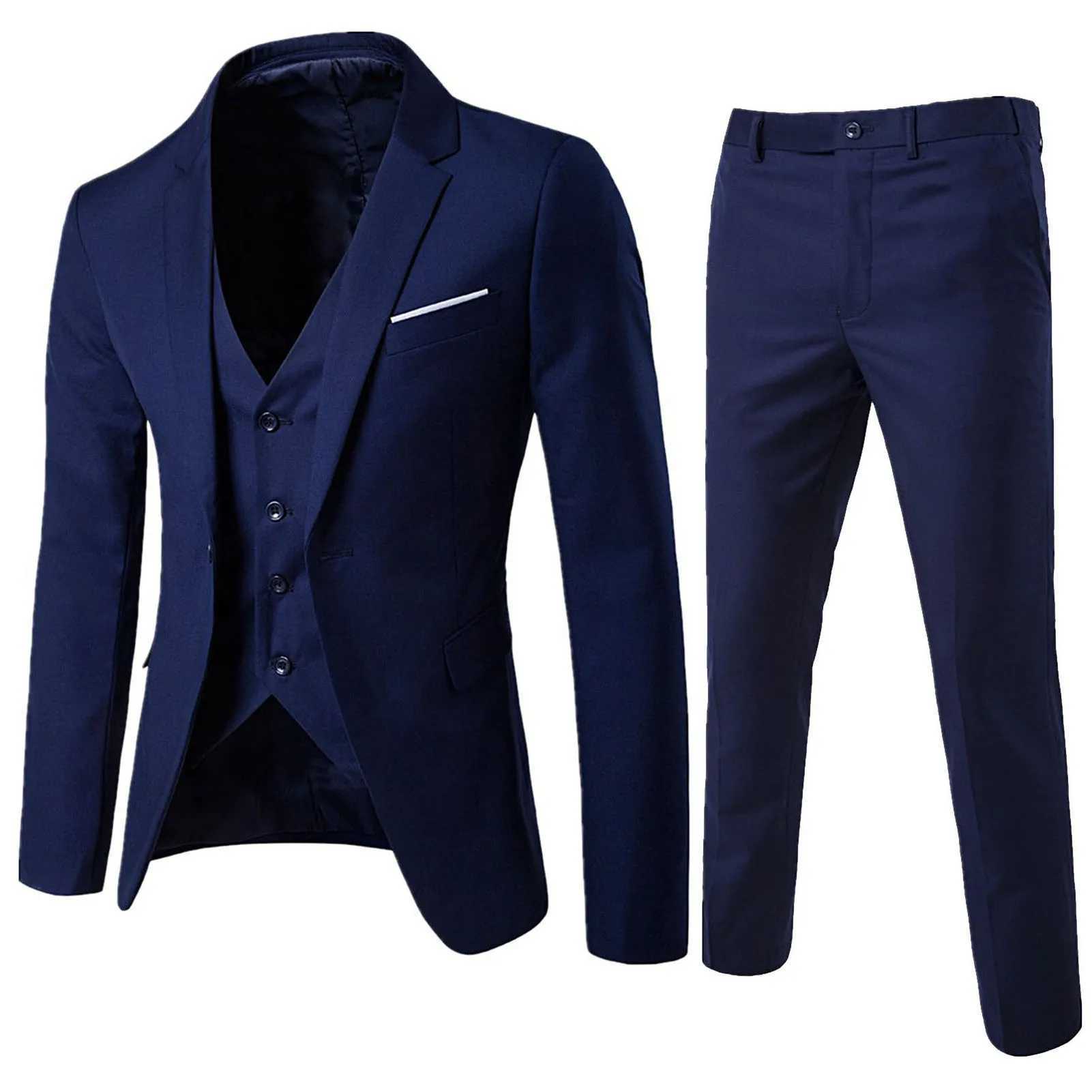 Men's Suits Blazers 3-piece mens ultra-thin formal set solid color jacket vest pants business Q240507
