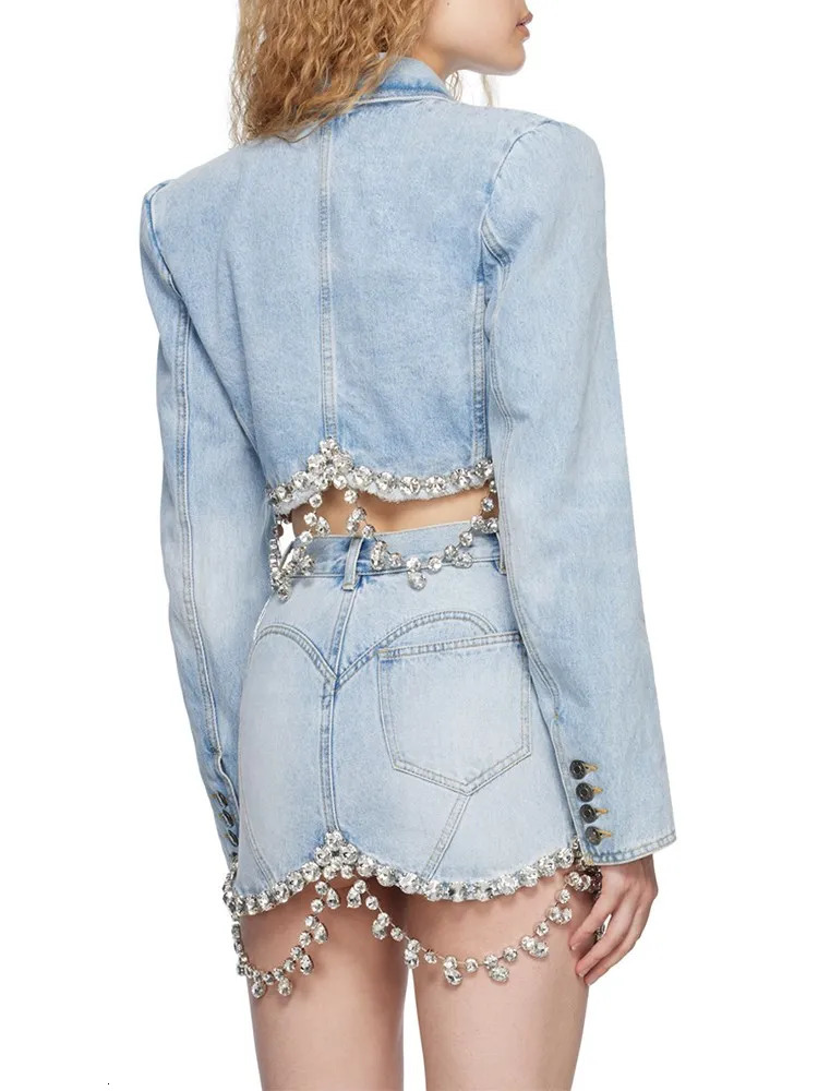 TWOTWINSTYLE Spliced Diamonds Tassel Denim Two Piece Set For Women Lapel Long Sleeve Coat High Waist Mini Skirt Fashion 240423