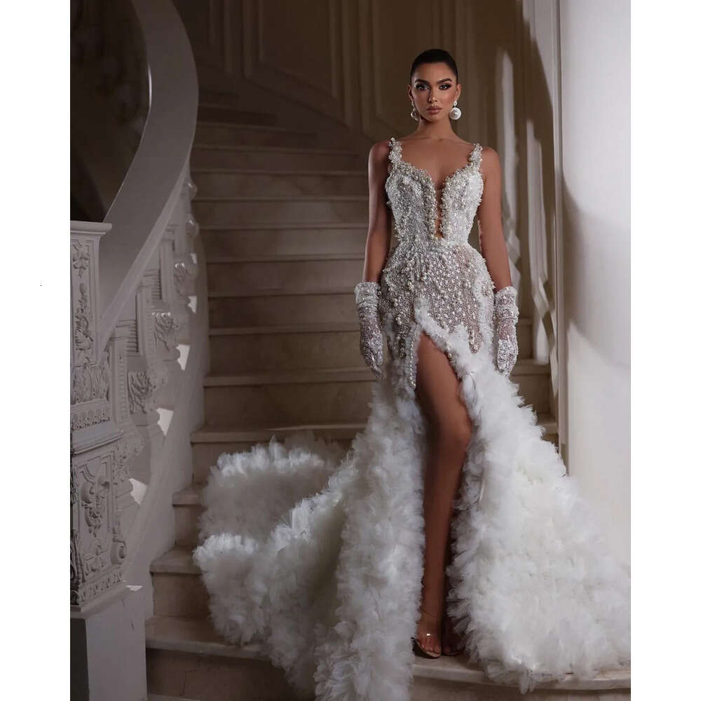 Pearls Elegant Spaghetti Mermaid Beads Wedding Dresses Lace Applicants Side Split Tulle Zipper Court Custom Made Plus Size Bridal Gown Vestidos De Nov