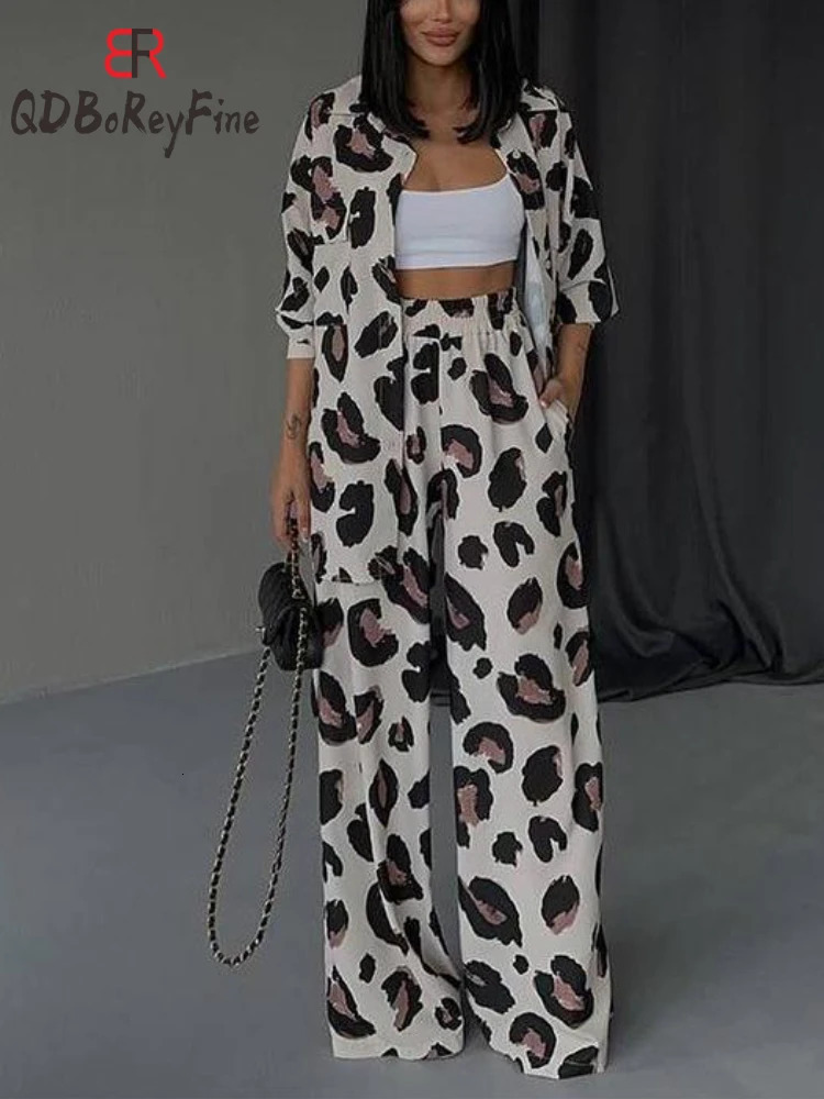 Leopard Printed Elegant Womens Sets Casual Streetwear Long Sleeve Tops Wide Leg Pants Tracksuit Two Piece Outifits 240428
