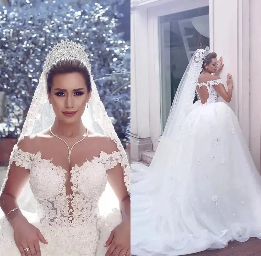 Duabi Princess A Line Wedding Dress Heart Keyhole Back Off Shoulder Ivory Tulle Bridal Gowns Lace Appliqued Chapel Vestido De