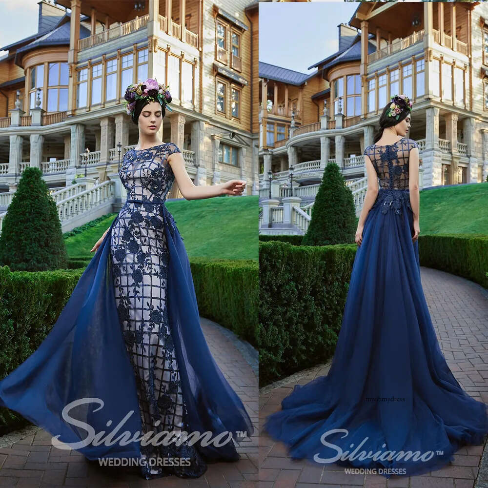 Elegant Sliviamo Mermaid Prom With Detachable Jewel Short Sleeve Crystal Lace Applique Party Dress Sweep Train 0508