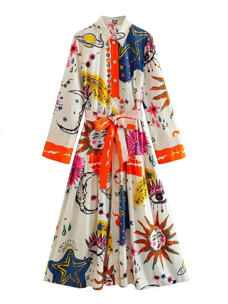 TRAF Fashion Women Printed Dresses With Belt Summer Elegant Turn Down Collar Beach Style Dress A-line Party Vestidos 240507CJ