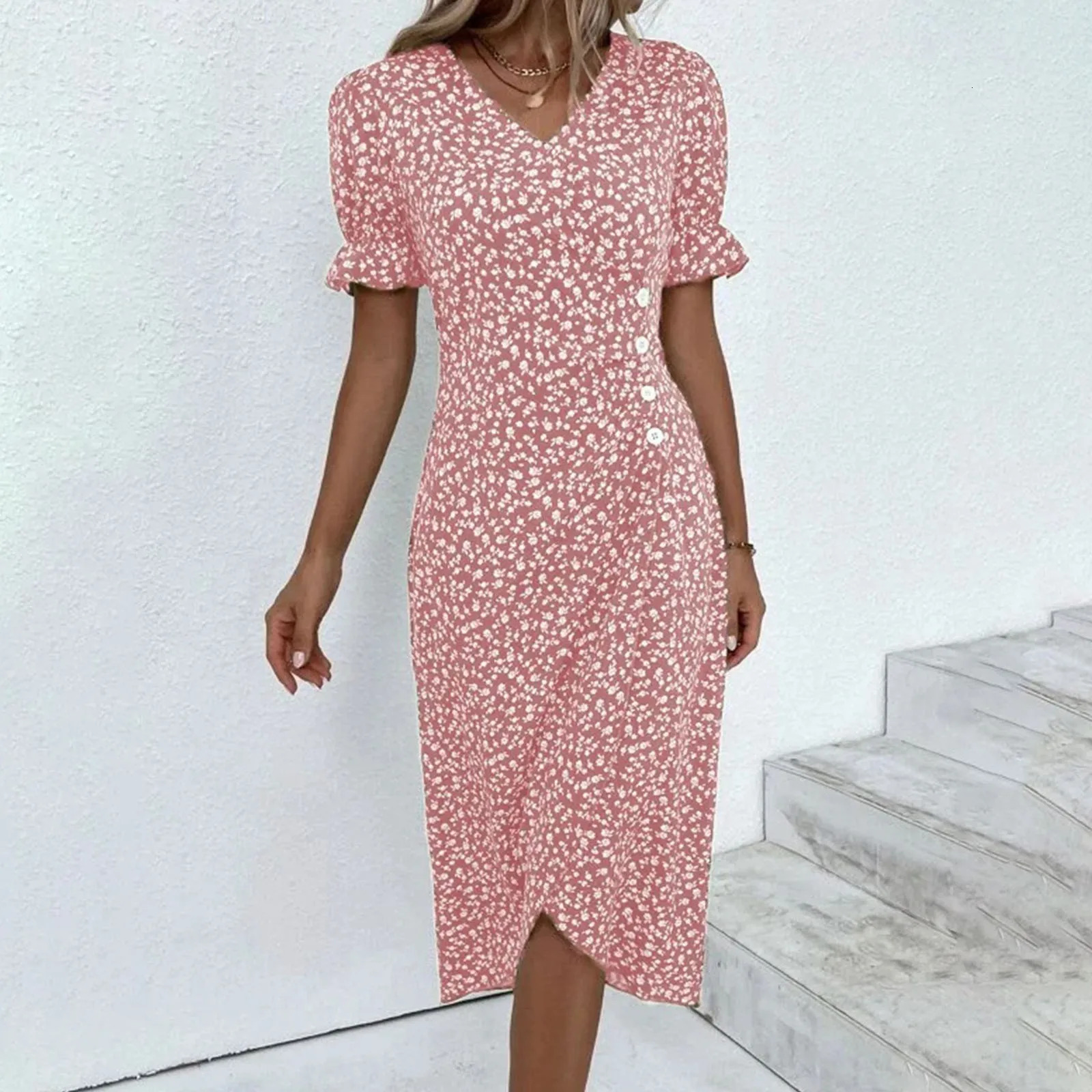 2024 Summer Floral Bodycon Midi Dress For Women V Neck Long Sleeve Ruched Slim Fit Dresses Female Sexy Vestido Robe 240422