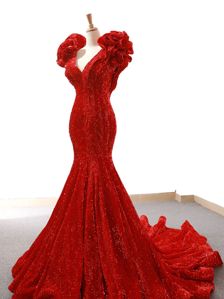Sparkling Mermaid Evening Dresses Red 2024 New Arrival Real Pictures Runway Party Formal Dresses Deep V-Neck Lace-Up Back