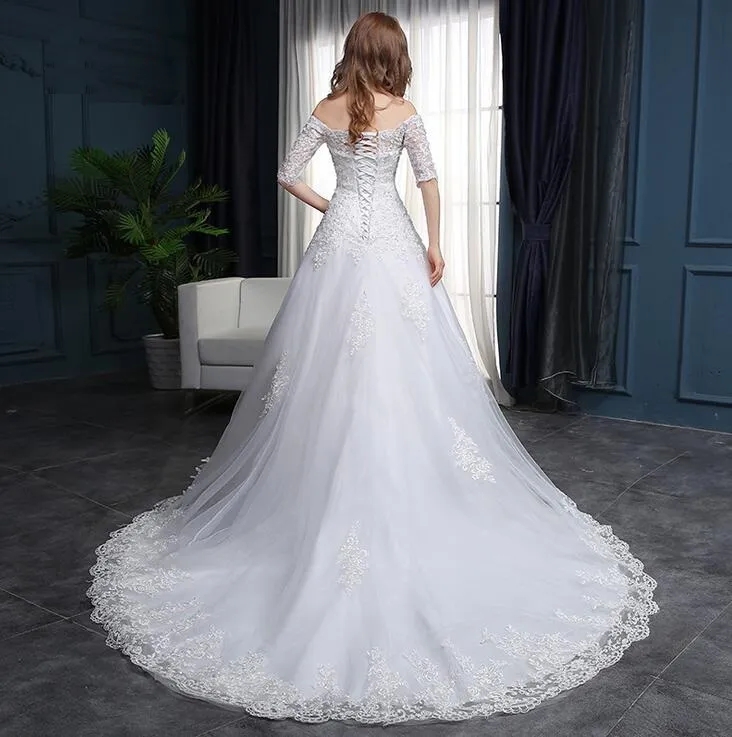 Wedding dress Charming Bateauty bridal viel princess off shoulder Wedding Dresses Bridal Gowns with Sash Bow Sweep Train Custom Made BD04