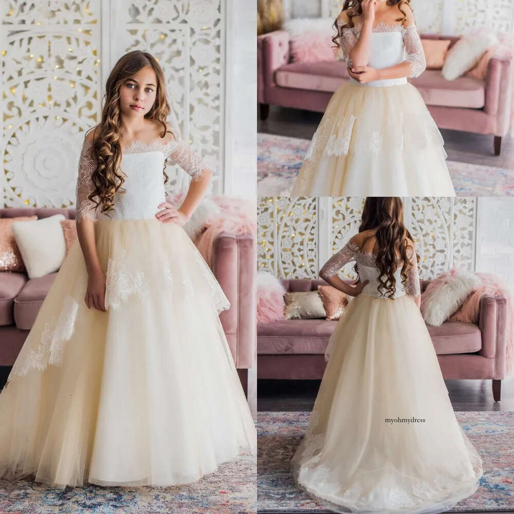 Modern Ball Gown Flower Girl Off Shoulder Long Sleeve Tulle Lace Applique Ruched Wedding Dress Floor Length Girl's Birthday Part 0508