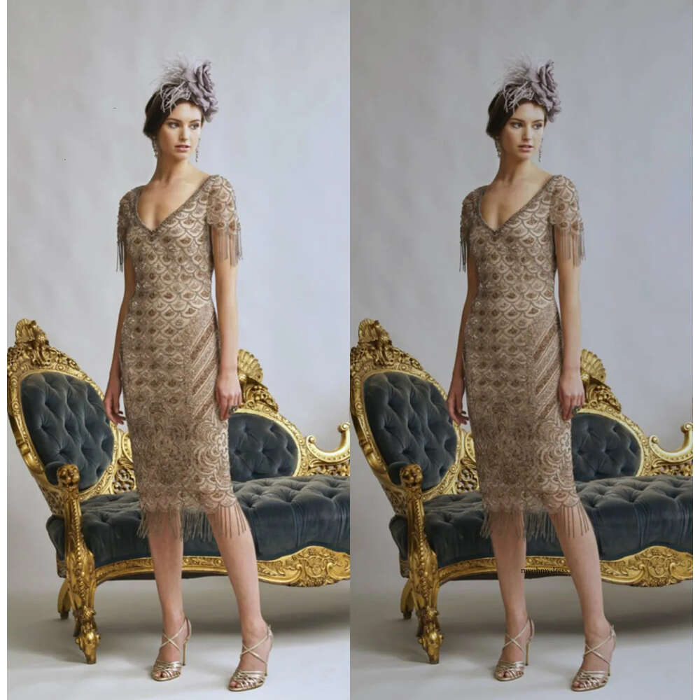 Jillharvey Sheath Mother of The Bride Dresses V Neck Wedding Guest Dress Short Sleeve Beads Tassel Knee Length Evening Gowns 0508