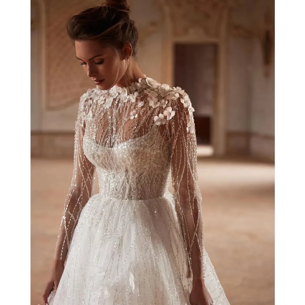 Luxury Sparkly Wedding Dresses 3D-Floral Appliques Bridal Gowns A Line Illusion Long Sleeves Sweep Train Bride Dresses Custom Made Plus Size