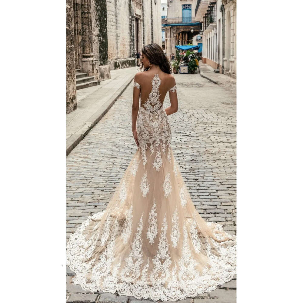 Champagne Mermaid V Gorgeous Julie Vino Dresses Neck Cap Sleeves Beach Bridal Gown Lace Applique Illuison Wedding Dress
