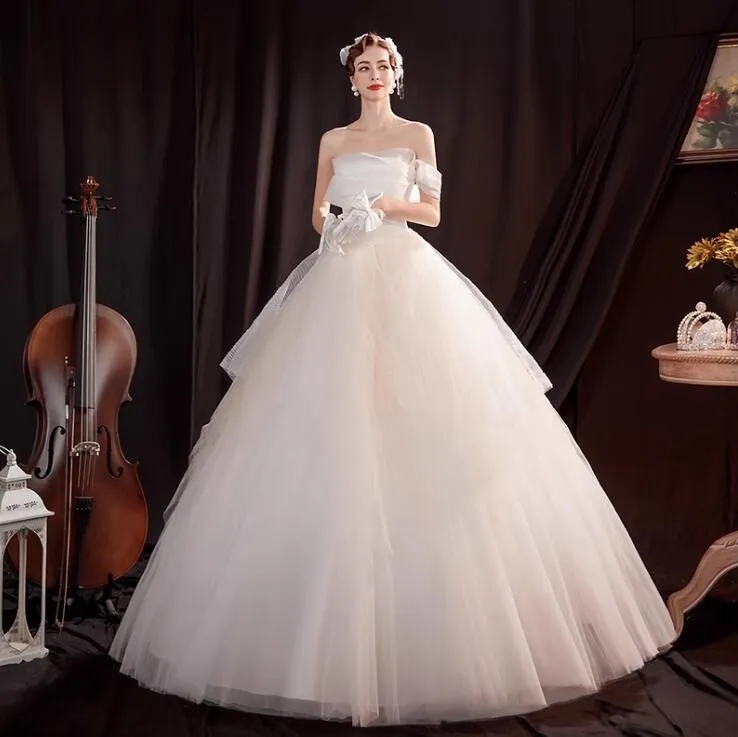 Strapless Tulle Ball Gown Wedding Dresses Beach Floor-length Bride Gown