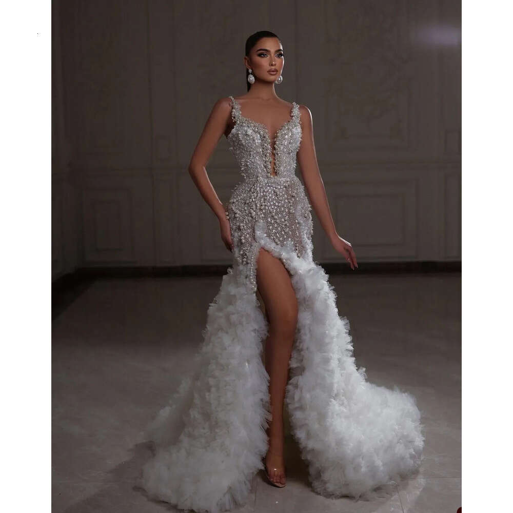 Pearls Elegant Spaghetti Mermaid Beads Wedding Dresses Lace Applicants Side Split Tulle Zipper Court Custom Made Plus Size Bridal Gown Vestidos De Nov