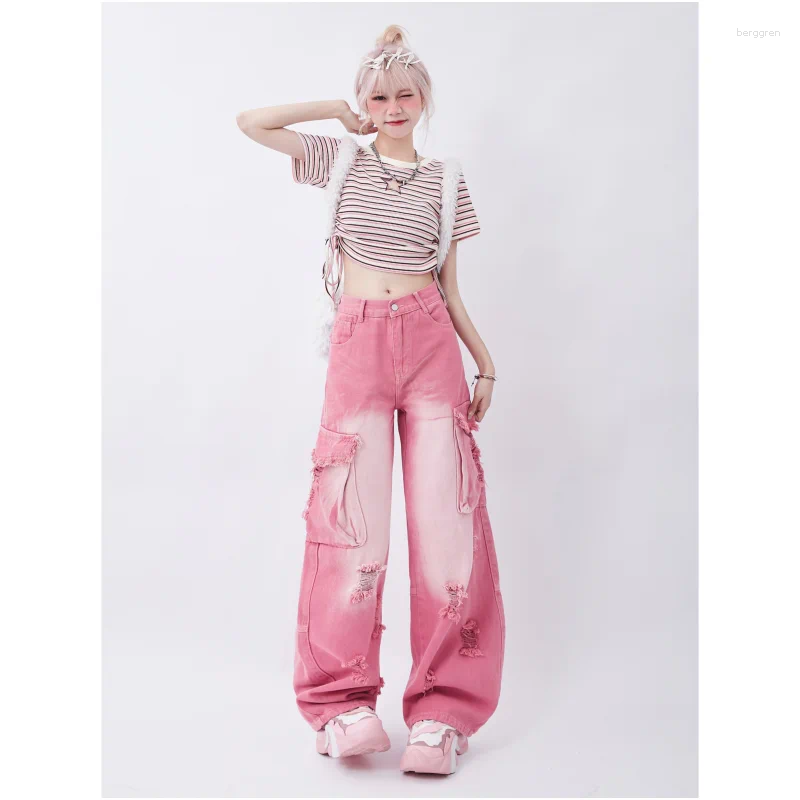 Women's Pink Jeans: High-Waist, Wide-Leg, Streetwear Fashion Pants