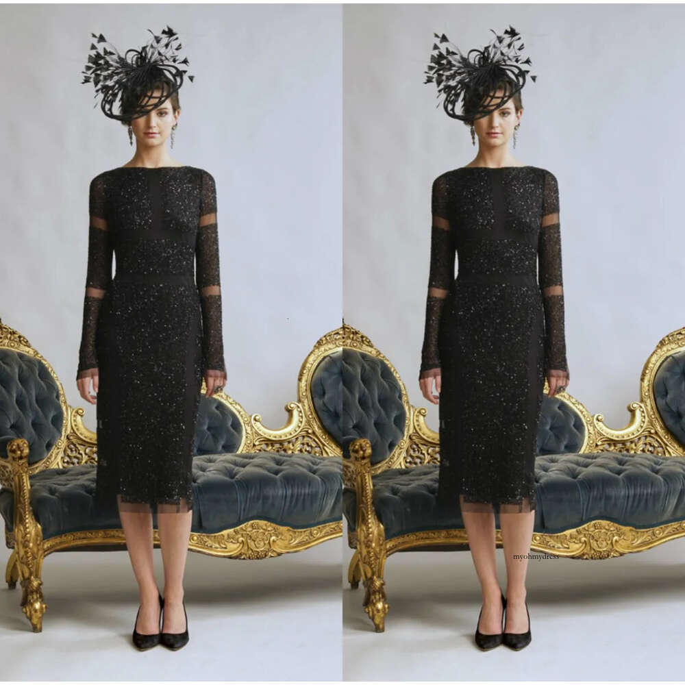 Newest Jillharvey Mother of The Bride Long Sleeve Wedding Guest Dress Jewel Neck Knee Length Tulle Lace Crystal Evening Gowns 0508